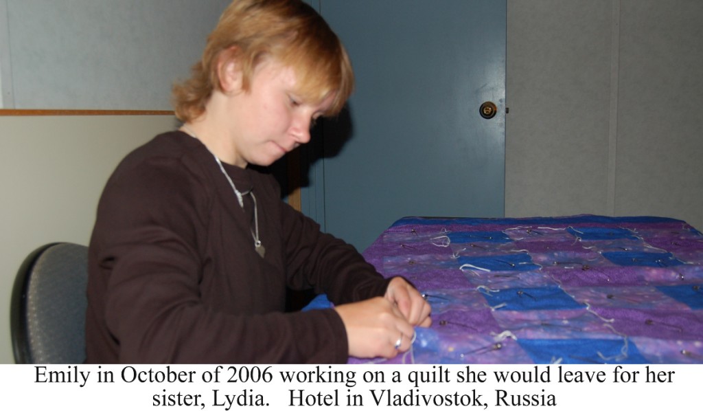 Emily Simmons quilting in Russia